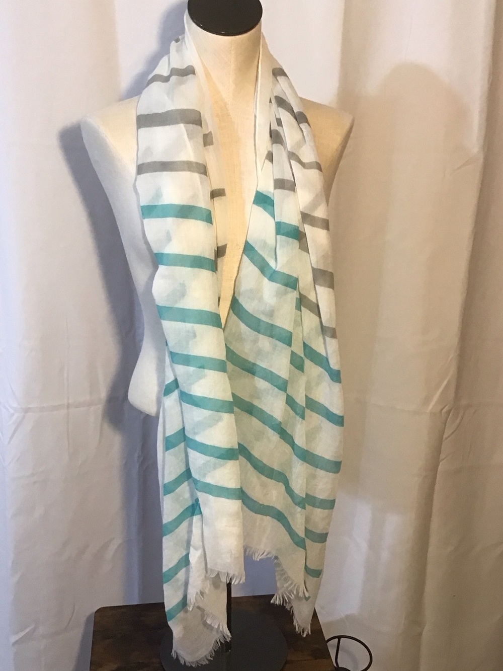Source Unknown White Scarf with Teal and Gray Stripes